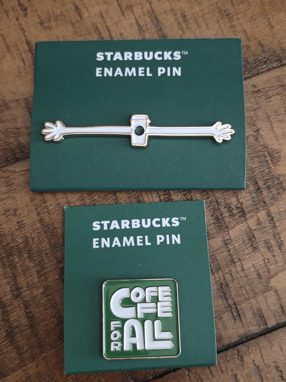 Starbucks Green and White Enamel Pin Duo with Gold Accents RARE